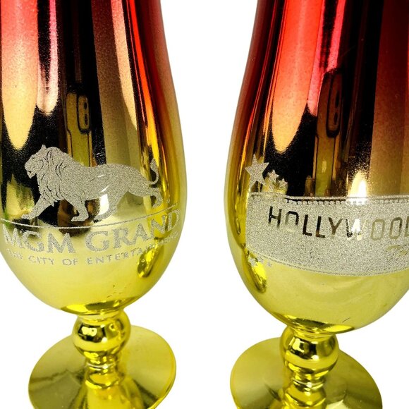 Set 2 MGM Grand Hollywood Theater Mirrored u Pink Goblet Glass Red Gold Collecti - Picture 2 of 5